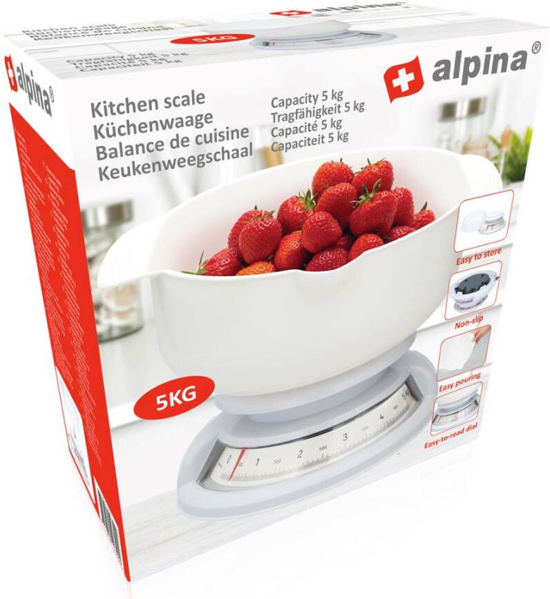 alpina Keukenweegschaal Analoog 5 Kg Met Kom Wit